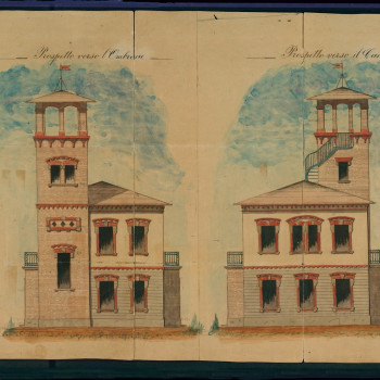 In particolare sono stati rappresentati prospetti e sezioni del casello idraulico presso il ponte Chiavica. ASGr,  Genio civile I versamento, busta 3, fascicolo b.2 (1905)
